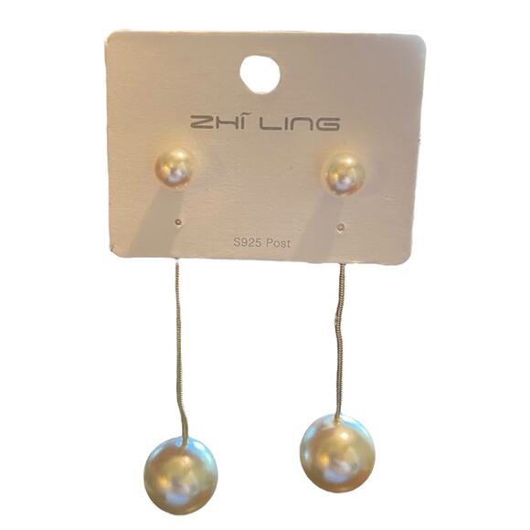 Pearl Dangle 2 Way Drop Or Stud Earrings NEW - Picture 1 of 5